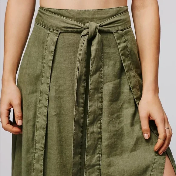 Free People American Ride Maxi Skirt Linen Olive Sage Green Wrap Side Slits 2 - Picture 5 of 10